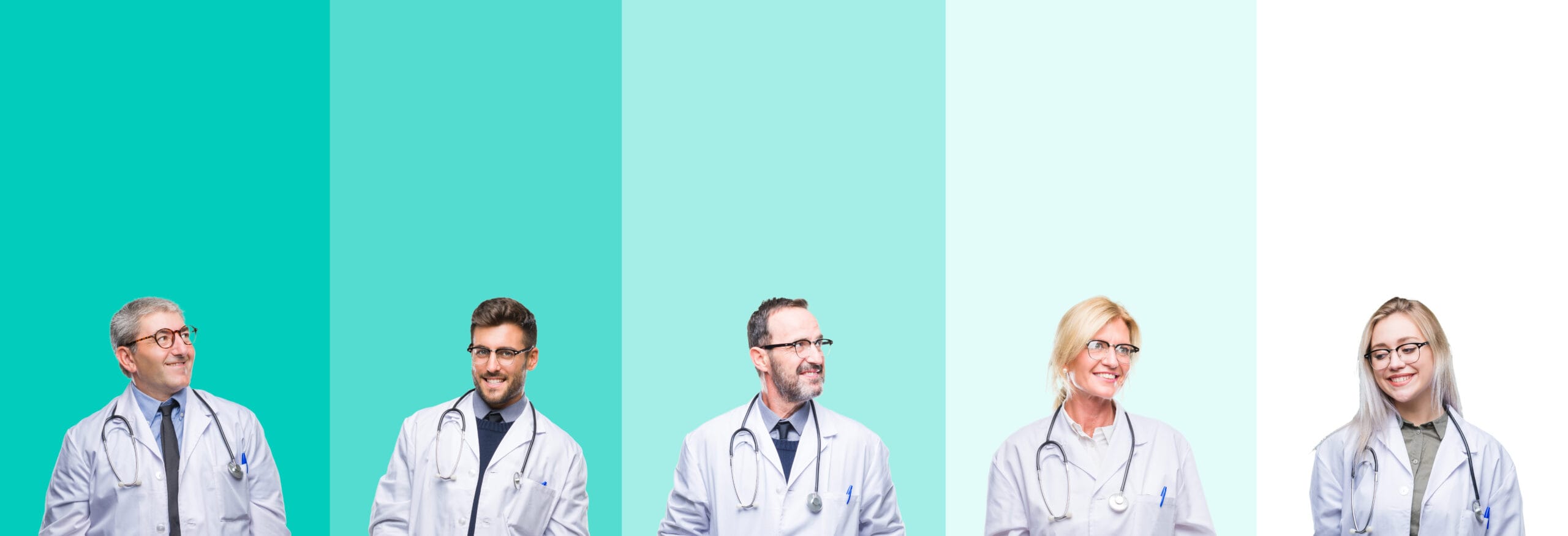 Collage of group of doctor people wearing stethoscope over colorful isolated background looking away to side with smile on face, natural expression. Laughing confident. AI assistant for doctors